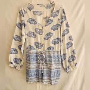 FAITHFULL THE BRAND White + Blue Paisley Longsleeve Romper